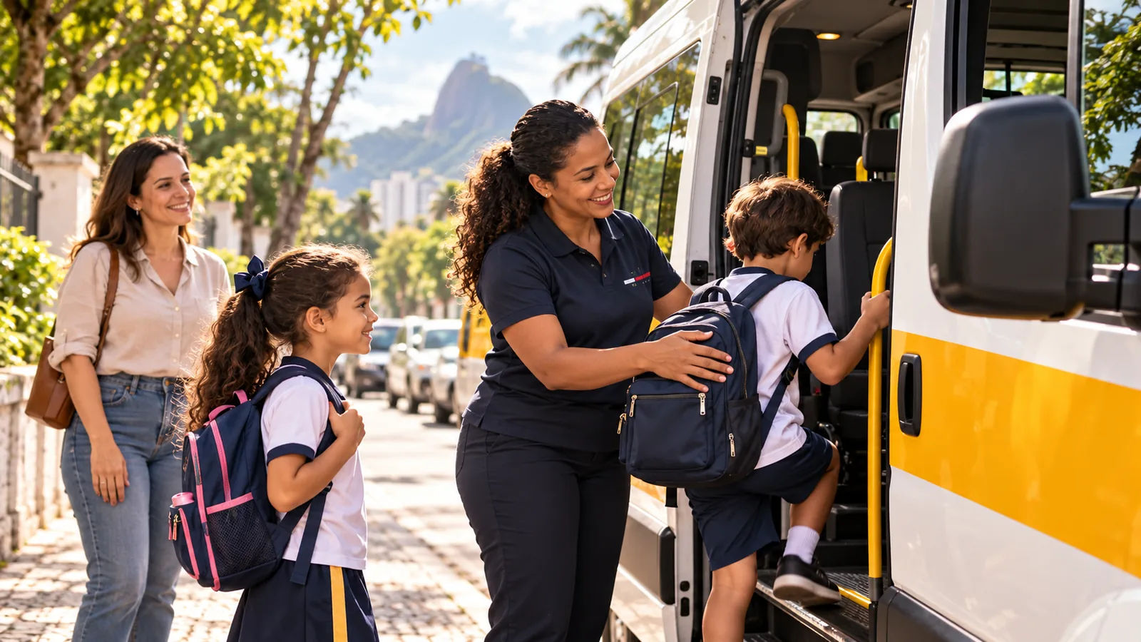 Monitora ajuda uma criança a embarcar na van escolar
